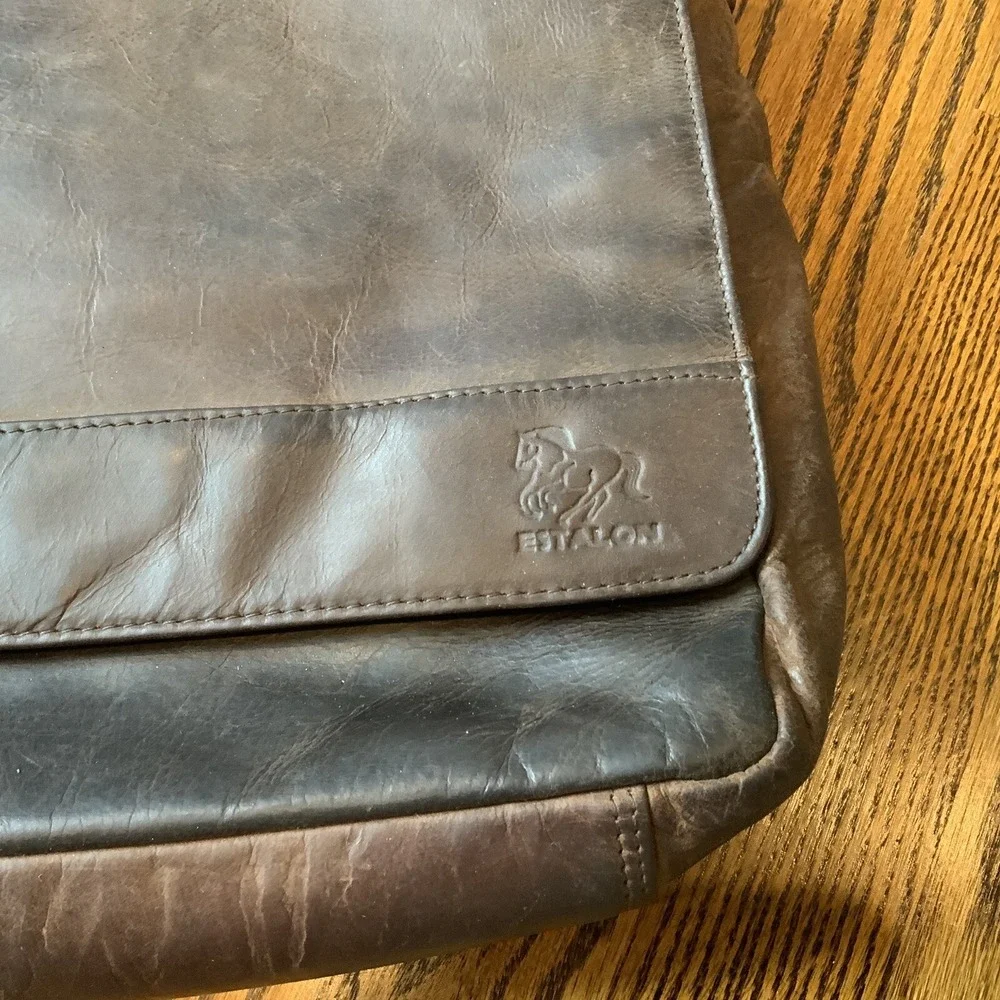 Estalon Brown Leather Messenger Crossbody Bag Briefcase Laptop